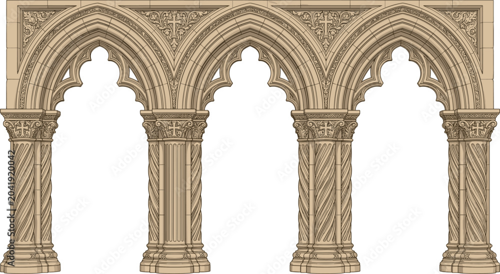 Fototapeta premium Gothic Arched Arcade Vector Element with Antique Stone Columns and Decorative Trefoil Tracery for Medieval Cathedral and Church Architectural Designs