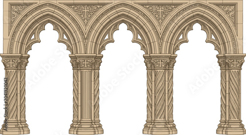 Foto Gothic Arched Arcade Vector Element with Antique Stone Columns and Decorative Tr
