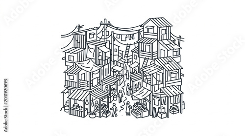 Konstfotografi Informal Settlement Scene Illustration with People and Buildings.