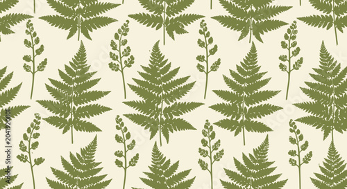 Seamless Pattern of Green Fern Leaves and Seedlings on a Cream Background