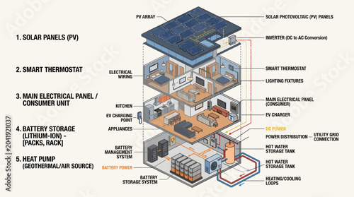 Cuadro en lienzo Detailed Diagram of a Smart Home Energy System with Solar Panels, Battery Storage, and Heat Pump Technology