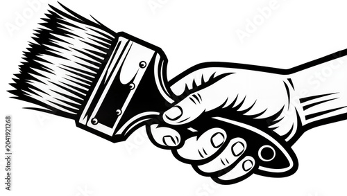 Photos Hand holding paintbrush with black bristles and metal ferrule