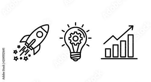 Fotografie startup icons set line art rocket launch