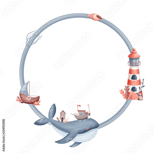 Canvastavla Wreath of whale, ship, lighthouse
