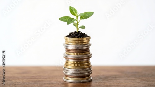 Growing plant sprouting from stacked coins on wooden surface with soft light