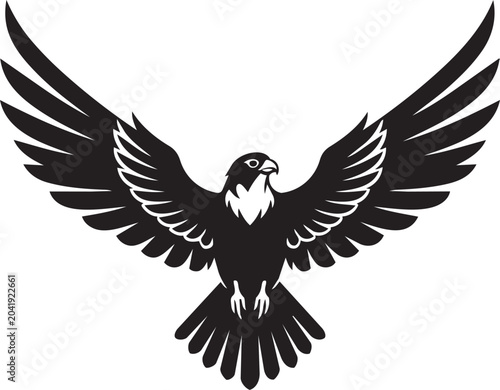 Majestic flying eagle vector illustration with open wings, isolated black and white hawk or falcon mascot logo