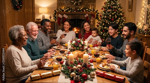 Multi-generational family celebrating festive holiday dinner with joyful gathering and candlelit feast