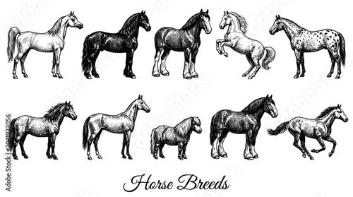 Vintage Hand-Drawn Vector Set of Popular Horse Breeds Including Arabian, Friesian, Mustang, and Thoroughbred in Etching Style