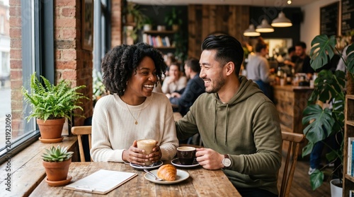 Young couple enjoying dessert together in cozy urban cafe with warm lighting