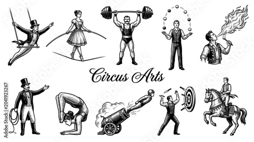 Vintage Circus Arts Illustration Collection Featuring Strongman Juggler Fire Breather Trapeze Artist Ringmaster Contortionist and Human Cannonball Performers in Engraved Style
