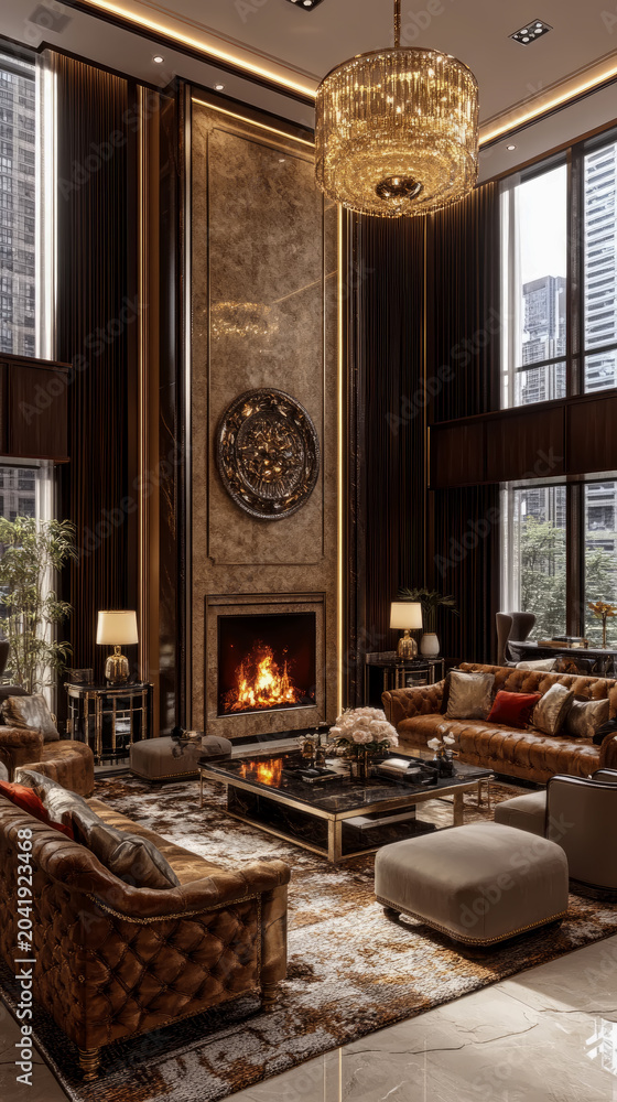 Naklejka premium Luxurious Modern High-Rise Living Room Featuring Grand Fireplace, Tufted Leather Sofas, Elegant Gold Chandelier, and Floor-to-Ceiling Windows with Sophisticated Interior Design