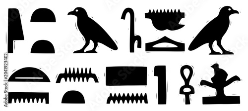 Foto Ancient Egyptian hieroglyphs set with ankh and bird symbols vector, mystical pha
