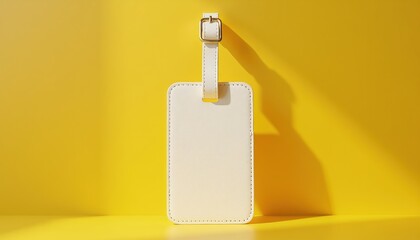 Blank white luggage tag hangs against bright yellow wall. Leather accessory with gold buckle awaits your custom imprint. Ideal for travel branding or personalization.