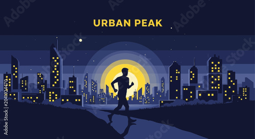 Evening Runner Silhouetted Across Cityscape Under Luminous Sky, Urban Nighttime Illustration