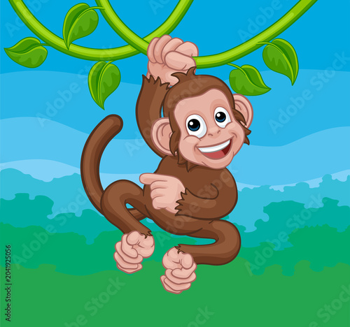 Canvas Print A monkey cartoon character singing on jungle vines and pointing