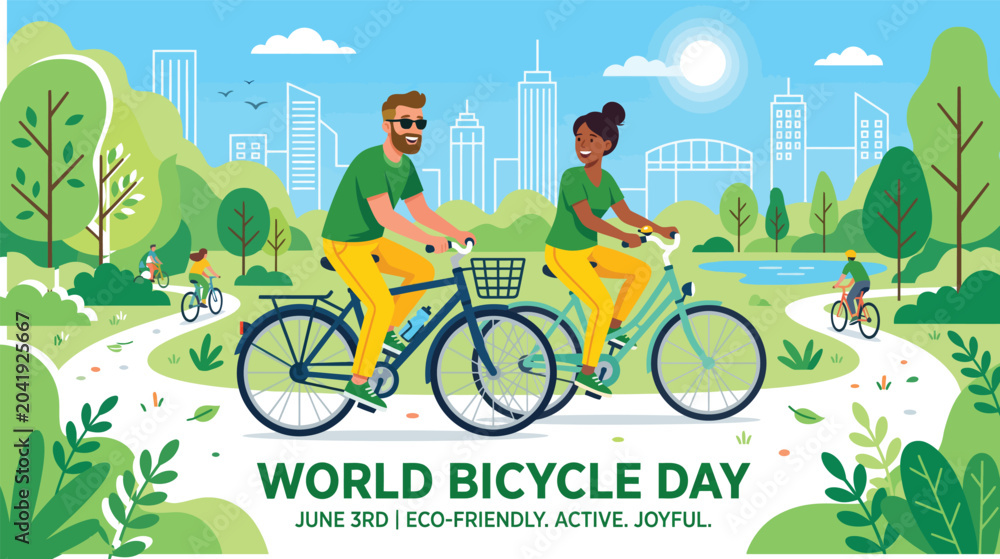 Naklejka premium World bicycle day banner with group of happy people cycling in green city park vector illustration