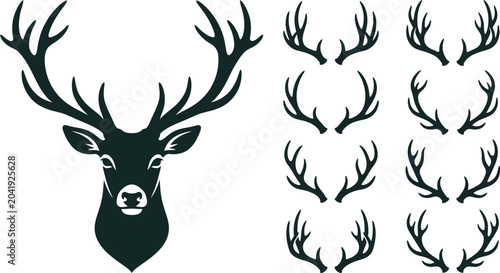 Fotografie Black silhouette of a deer head with antlers and various antler designs