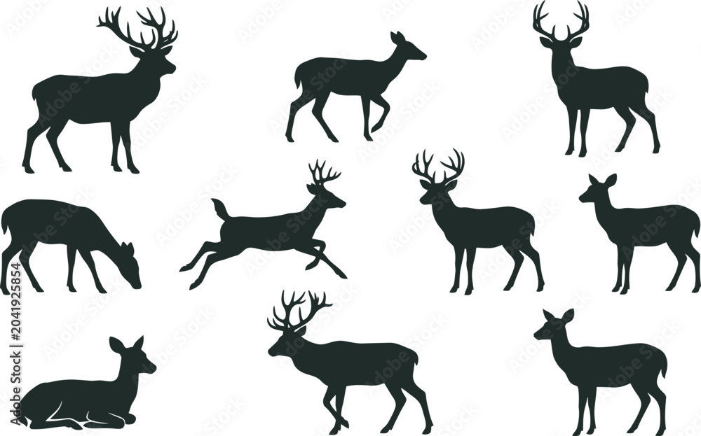 Fototapeta premium Collection of black deer silhouettes on with various poses and antlers