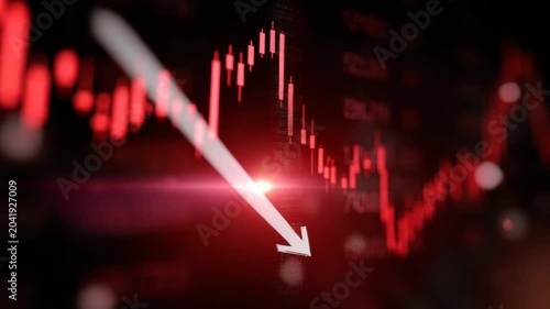 Falling stock market graph with downward trend arrows on digital display