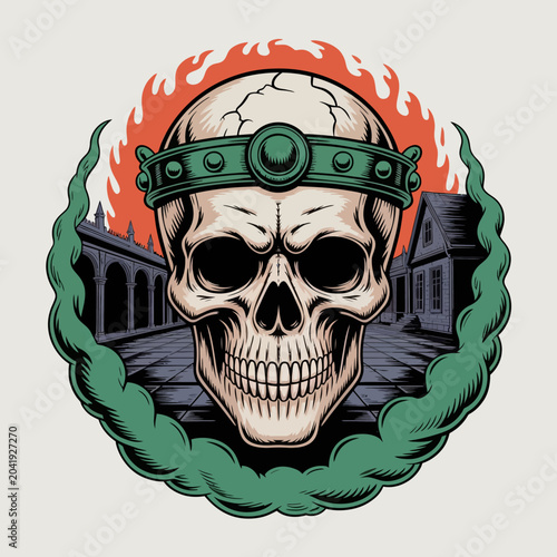 Obraz na płótnie Skull wearing green metal headband.