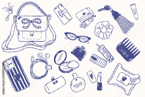 Purse essentials set with makeup, keys and wallet in hand drawn style