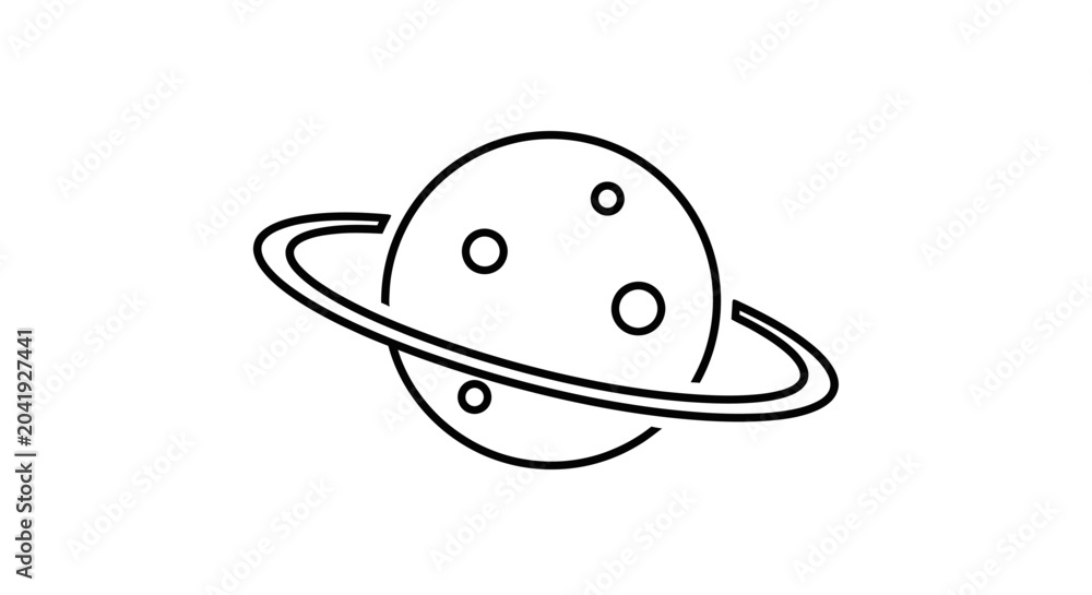 Fototapeta premium Simple outline icon of a ringed planet with craters, representing space, astronomy, and the cosmos. Minimalist vector illustration.