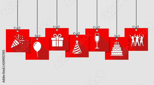 Red tags with icons of celebration, gift, party hat, champagne, cake, and people celebrating
