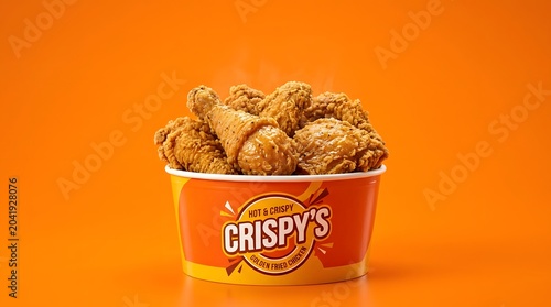 A bucket of golden crispy fried chicken pieces served in a branded container, steaming hot and delicious, set against a vibrant solid orange background