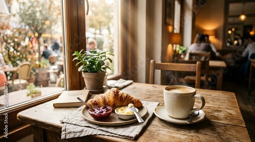 A cozy morning scene in a rustic cafe featuring a fresh croissant served with jam and butter, accompanied by a steaming cup of coffee on a wooden table next to a window