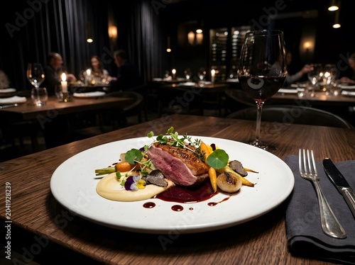Gourmet duck breast dish served on a white plate with roasted vegetables, truffle slices, and a rich red wine reduction in an elegant restaurant setting with a glass of red wine