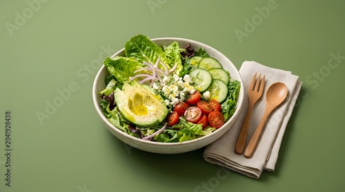 Fresh green salad with avocado, cherry tomatoes, cucumber, red onion, and feta cheese in a ceramic bowl on a green background with wooden cutlery on a napkin