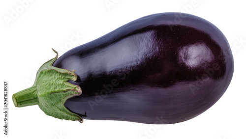 Schilderij op canvas Dark purple eggplant with green stem and calyx
