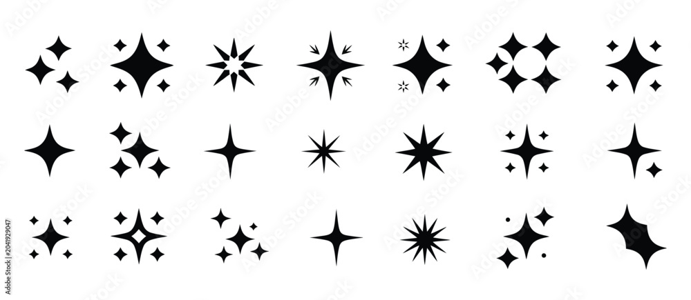 Fototapeta premium Star icons featuring twinkling sparkles, shining bursts, and glowing effects for Christmas, festive decoration, and retro futuristic design concepts. Vector illustration.