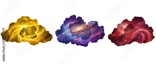 Set of Surreal Clouds with Glowing Cosmic Galaxy Textures Isolated on Transparent Background