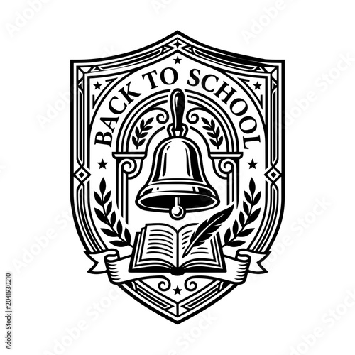 Vector illustration of a Back to School emblem featuring a school bell and open book, symbolizing education, learning, academic achievement and new beginnings, isolated on a transparent background