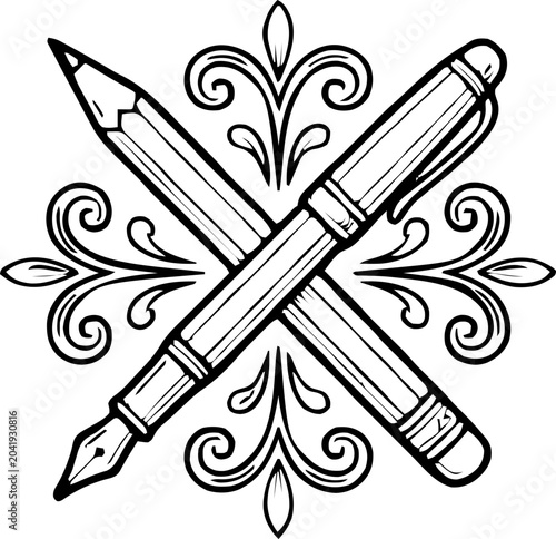 Vector illustration of crossed pencil and pen with ornamental decorative elements, symbolizing education, creativity, writing, learning, isolated on a transparent background. Back to School icon