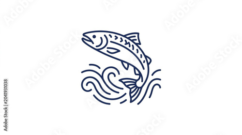 Fotografija Jumping Salmon Fish Illustration Line Art.