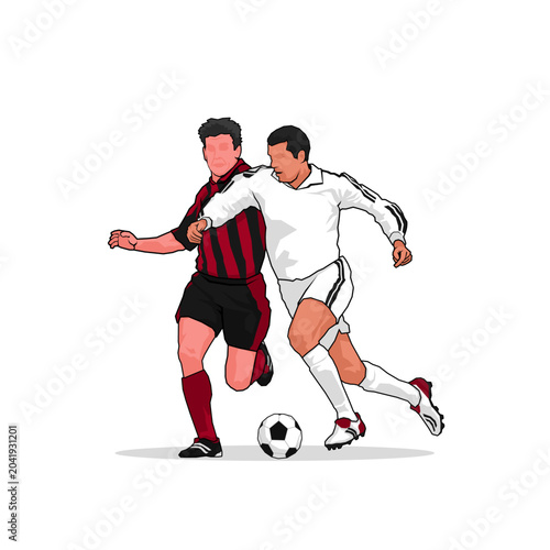 Vector illustration of two football players competing for ball possession during a match. Dynamic sports action scene highlighting teamwork, strategy, defense, and athletic performance.