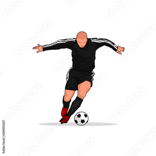 Vector illustration of a football player dribbling a soccer ball during a match. Dynamic sports action concept featuring agility, control, speed, and athletic performance.
