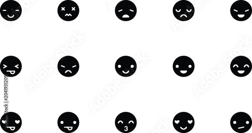 Emoticon, smiley face, and emotion avatar vector icon set featuring flat black glyph silhouettes of happy, sad, angry, cute, and kawaii facial expressions