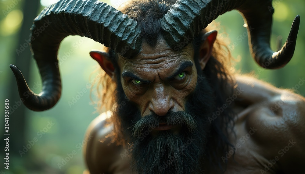 Obraz premium Fierce satyr with large curved horns and green eyes stares intensely from a sunlit forest. Creature has dark beard and muscular build. Mythological being poses menacingly in woodland.