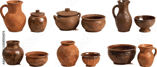 Foto Traditional handmade ceramic tableware set featuring brown glazed pottery kitche