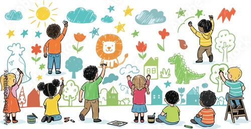 Fotografía Hand drawn children mural painting vector, diverse kids drawing colorful doodles