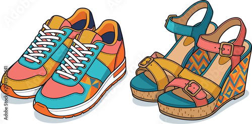 Quadro su tela Vibrant vector sticker illustration set featuring colorful athletic running snea