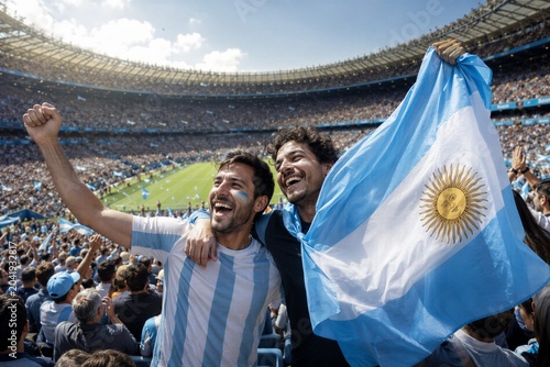 Two men cheering for Argentina soccer team at stadium. Happy fans waving national flag during football match. Athletic victory and national pride at professional world championship event