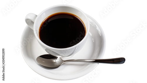 Fotografie White ceramic cup filled with dark black coffee on saucer with spoon
