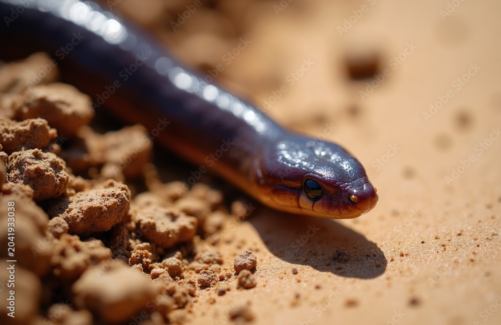 Fototapeta premium Small Brahminy blind snake or worm snake crawls on dry soil. This tiny burrowing reptile has small eyes and dark purple skin. Its body is thin like an earthworm.