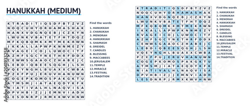 Hanukkah Day Word Search Puzzle Sheet with highlighted words and hints for children and adults, MEDIUM level