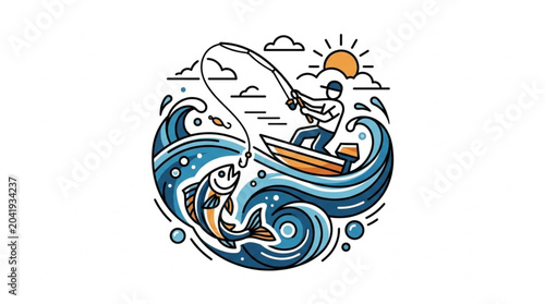 Εκτύπωση καμβά Man fishing from boat catches large fish in ocean waves.