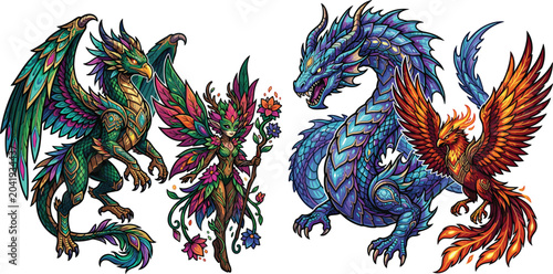 Obraz na plátně Vibrant fantasy creature vector sticker set featuring a winged green gryphon dra